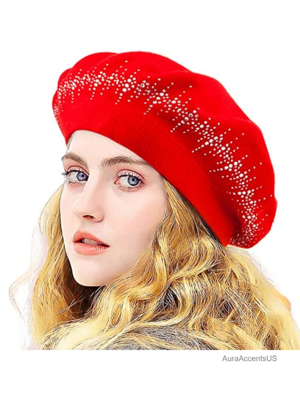 Wool Knit Beret Hat Rhinestone Double Layer Winter Cap Women